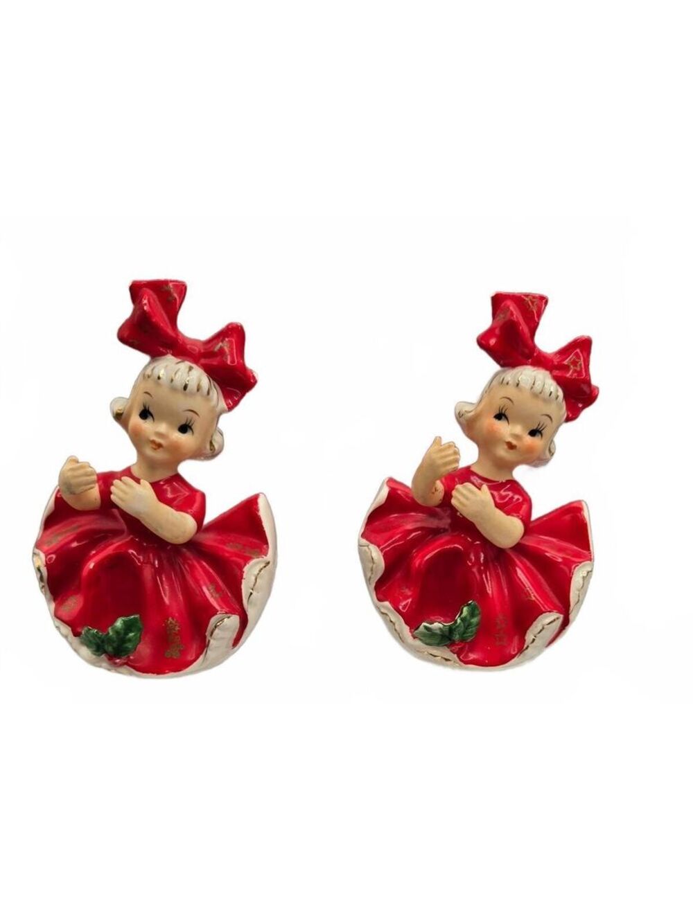 Holt Howard Christmas Big Red Bow Candle Holder Hugger Girls 4” Vintage Pair